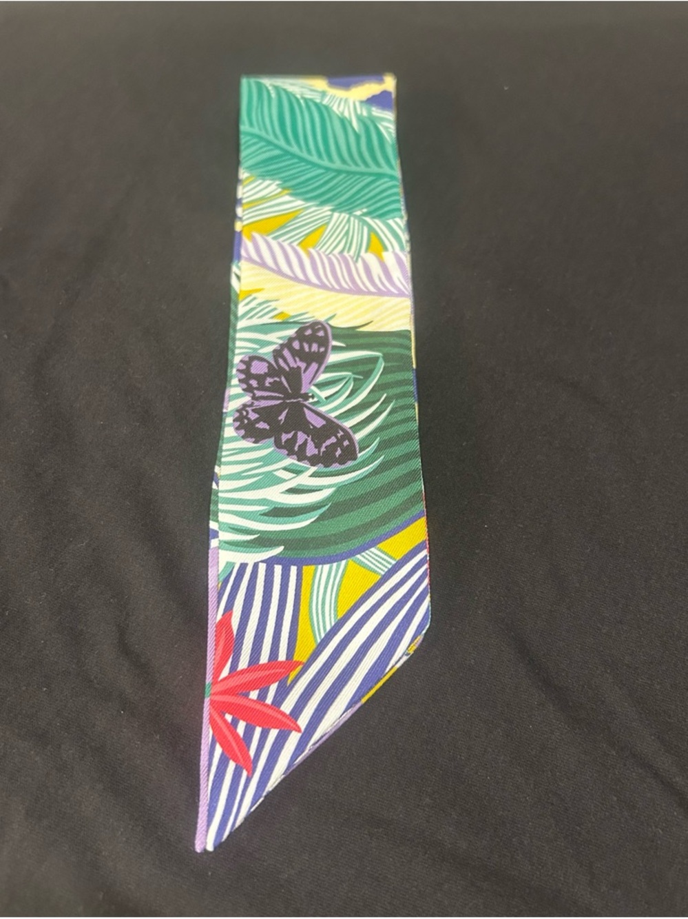 Hermès Purple Green Yellow Printed Silk Twilly with Butterfly Motif - Picture 3 of 16